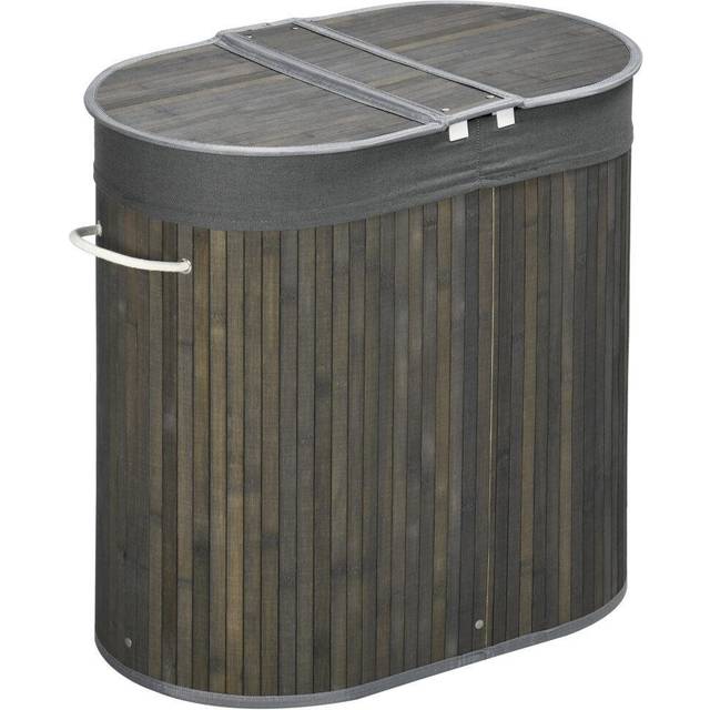 Homcom 100L Bamboo Laundry Basket W/ 2 Compartments Grey, Grey