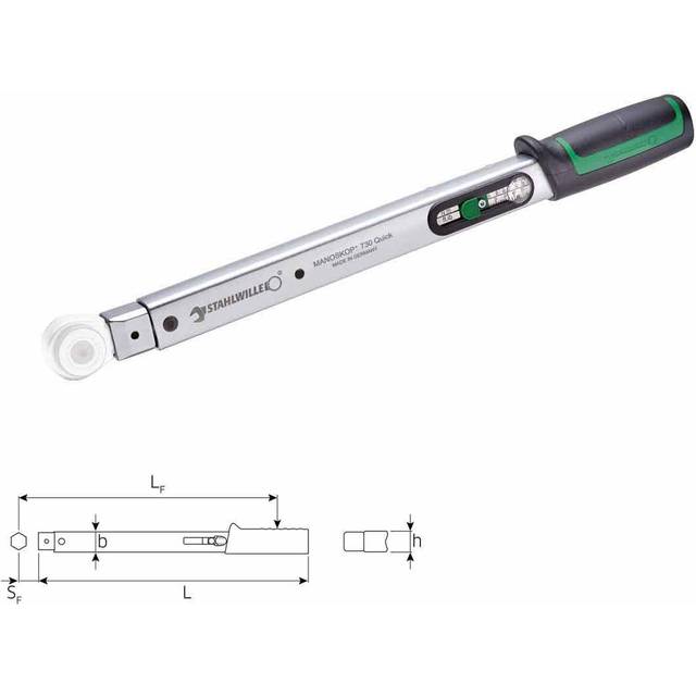 STAHLWILLE Nr 730/40 QUICK vridmomentnyckel MANOSKOP utlösande, dubbelskala 80–400 N·m/60–300 fot·lb verktygslåda 14 x 18 mm för insticksverktyg