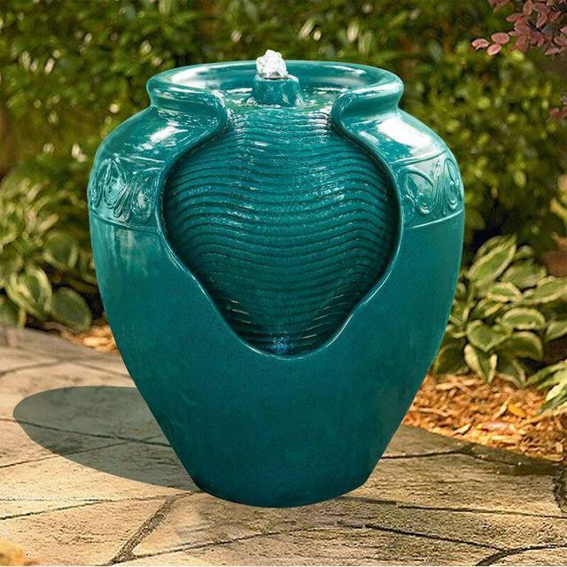 Teamson Home Outdoor Glazed Pot Floor Fountain with LED Light - Teal, Green