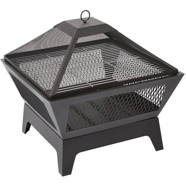 Trueshopping Black Square Outdoor Steel Fire Pit with Mesh Lid - Basket Bowl Fireplace Brazier - Log, Wood & Charcoal Burner Garden Patio Heater