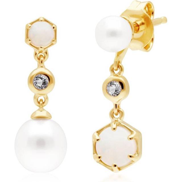 Modern Pearl, Opal & Topaz Mismatched Drop Earrings in Gold Plated Sterling Silver - White