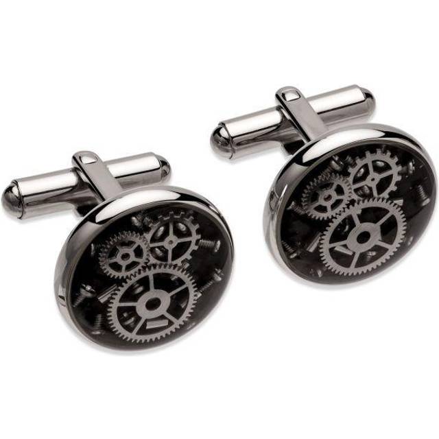 Unique Stainless Steel Cog Cufflinks with Black Carbon Fibre - black/silver
