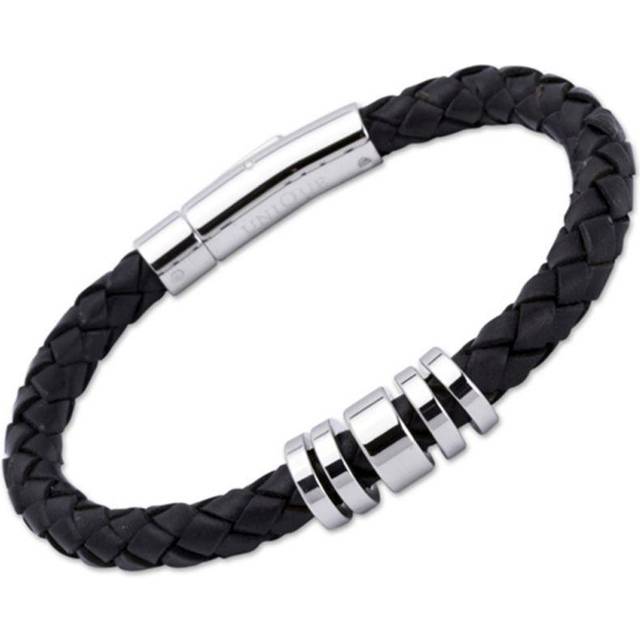 Unique Stainless Steel 5 Ring 21cm Black Leather Bracelet A65BL