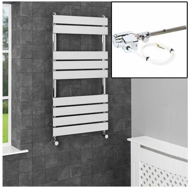 950 x 500mm heated towel rail dual fuel thermostatic chrome flat panel 9 rail