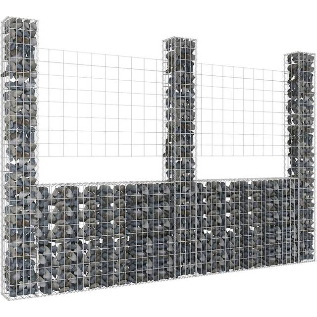 vidaXL U-shape Gabion Basket with 3 Posts Iron 260x20x200 cm - Silver