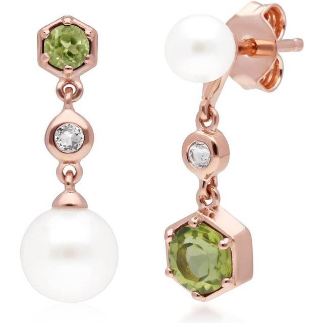 Modern Pearl, Peridot & Topaz Mismatched Drop Earrings in Rose Gold Plated Sterling Silver - White