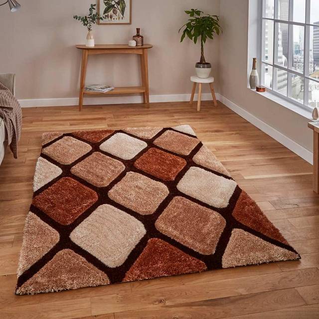 (150x230cm) Noble House Rugs NH9247 Beige Brown Textured 3D Effect Hand Carved Geometric Mats