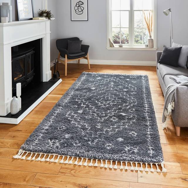 (Tribal - Grey, 160 x 220 cm) Tribal Shaggy Rug Scandi Living Room Bedroom Rugs Geometric Berber Style Nordic Shaggy Rugs Fringe Thick 5cm Pile Mat