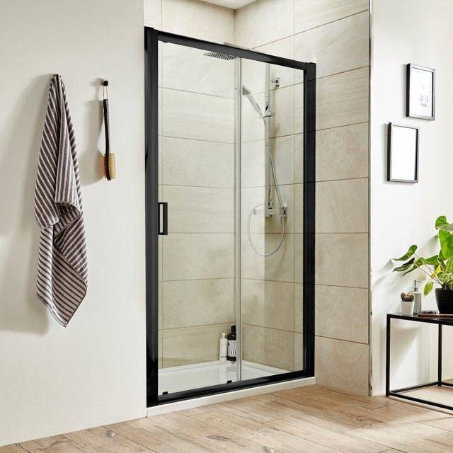 Modern bathroom sliding shower enclosure door matt black 6mm toughened glass