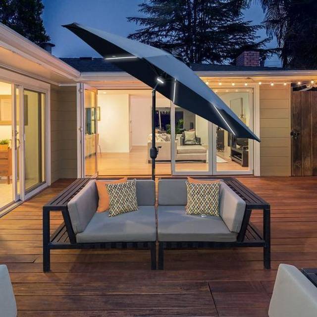 Outsunny 2.7m Garden Parasol Summer Shelter w/ LED Solar Light Crank Tilt Blue