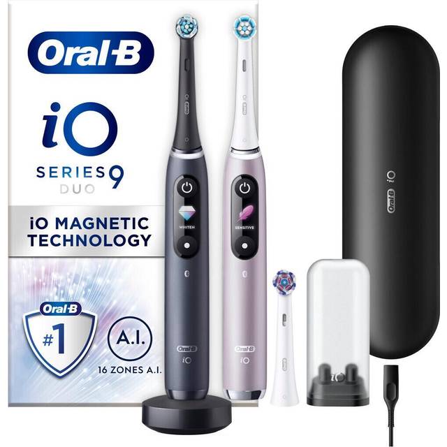 Oral-B iO 9 wiederaufladbare elektrische Zahnbürsten, schwarzer und rosa Griff, Bluetooth mit revolutionärer Magnettechnologie, 3 Aufsteckbürsten, 1 Reiseetui