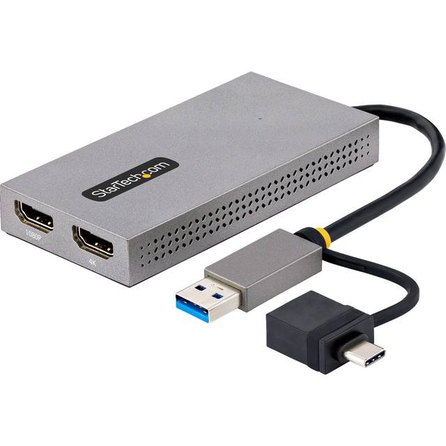 StarTech.com Dual monitoradapter, USB A/C till 2 x HDMI (1 x 4 K30 Hz, 1 x 1080p), externt grafikkort, 11 cm kabel, USB 3.0 till skärmadapter, Windows, Chrome OS och macOS (107B USB-HDMI)