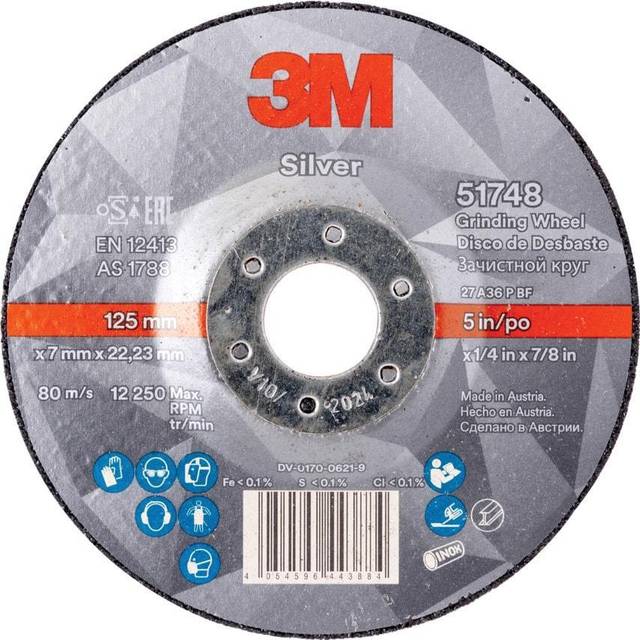 Silver Depressed Centre Grinding Wheel, T27, 125 mm x 7 mm x 22.2 mm - 3M