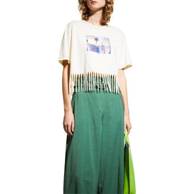 Ganni, T-Shirts, female, White, XS, Fringe-Trim Cotton T-Shirt