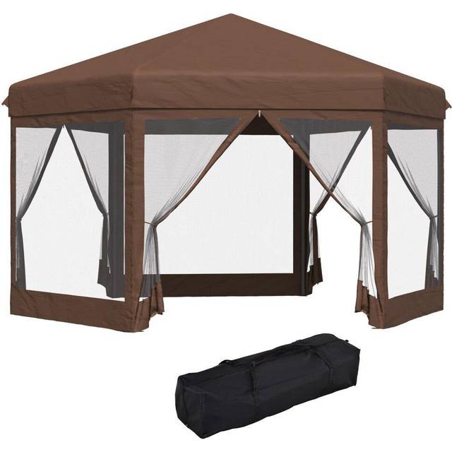 Hexagonal Pop Up Sun Shelter Gazebo 3 x 3.5 m with Netting and Carry Bag, Brown