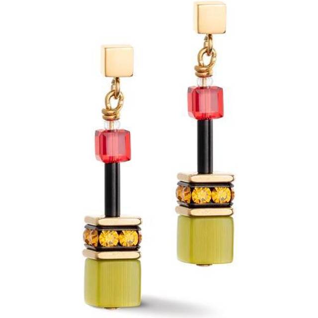 Coeur De Lion GeoCUBE Earrings - Iconic Multicolour Indian Summer - Gold,Green,Orange - 3.1cm length