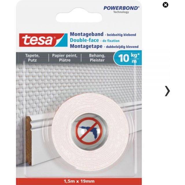 Monteringstejp känsliga ytor 19mm x 1.5m | Tesa Powerbond | vit