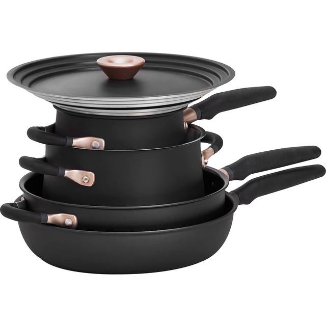 Meyer Accent induktionshäll grytset non-stick – 6 delar stapelbara kastruller och stekpannor set med universella lock och anti-spillform, svart, rostfritt stål och non-stick