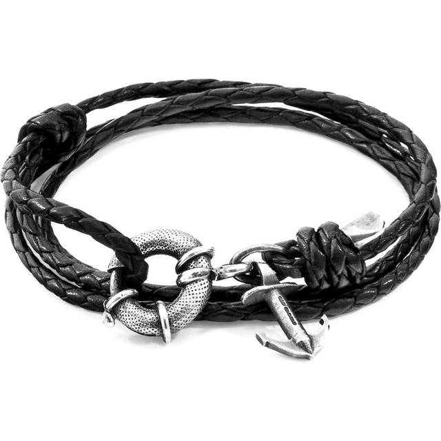Clyde Anchor Silver and Flat Leather Bracelet - Black - One Size