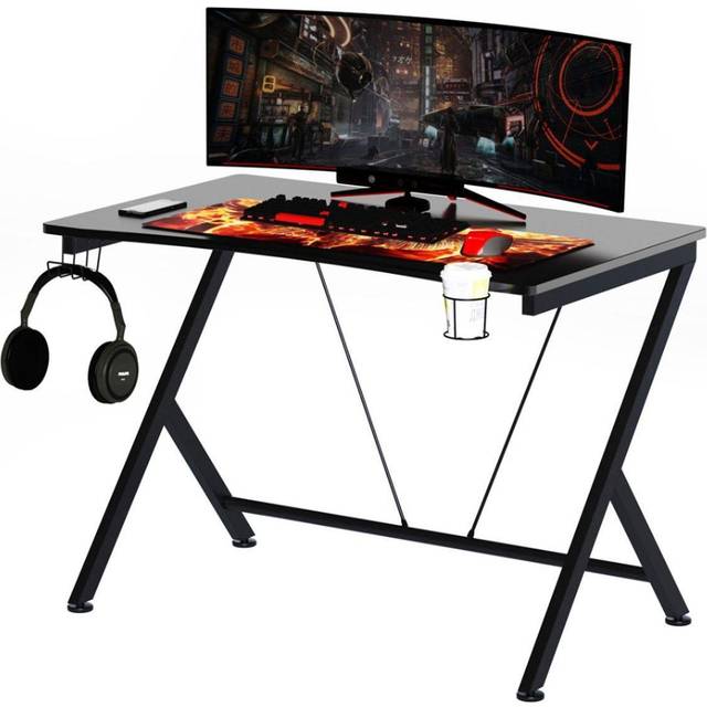 HOMCOM Gaming Desk Computer Table Metal Frame with Cup Holder - Headphone Hook - Cable Hole - Black | TJ Hughes
