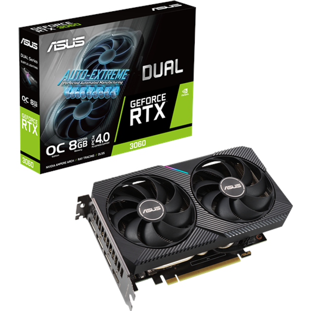 ASUS Dual NVIDIA GeForce RTX 3060 OC Edition spelgrafikkort (PCIe 4.0, 8 GB GDDR6-minne, HDMI 2.1, DisplayPort 1.4a, 2-slot design, axial-tech fläktdesign, 0dB-teknik och mer)
