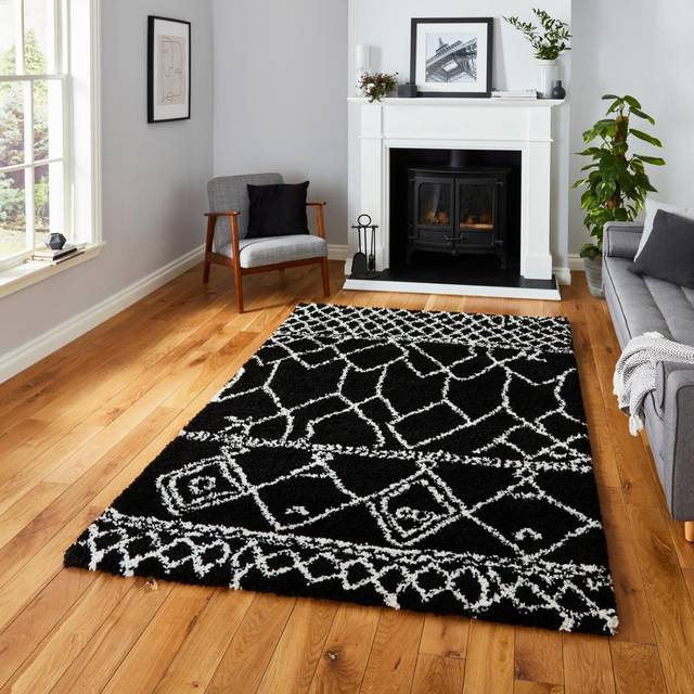(G276 Black/White, 120 x 170 cm) Moroccan Berber Soft Shaggy Rugs Nordic Scandi Tribal Rug Shag 4cm Thick Pile Soft Fluffy Warm Carpet Mat Small Mediu