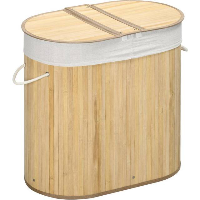 HOMCOM 100L Bamboo Laundry Basket w/ 2 Compartments Washing Baskets Natural, Yellow