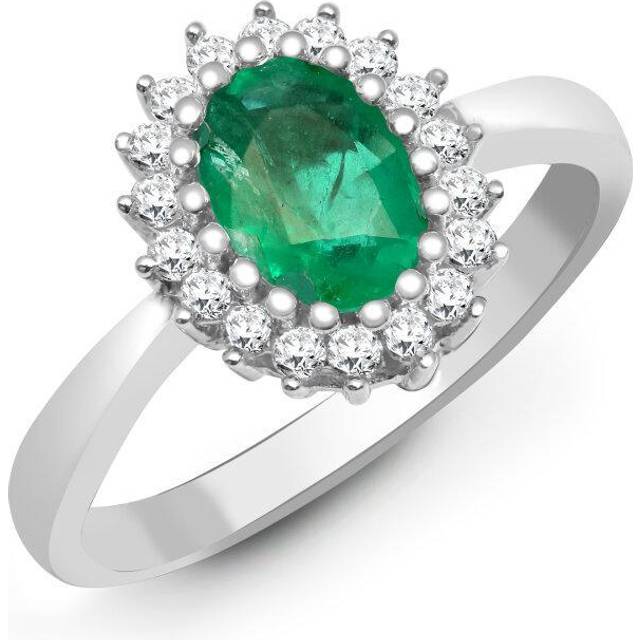 (T) Jewelco London 9ct White Gold H I2 0.23ct Diamond and Oval Green 0.78ct Emerald Classic Royal Cluster Ring 11mm - Silver