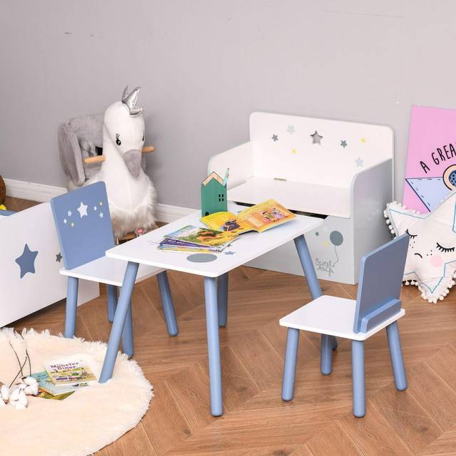 HOMCOM 3 Pieces Kids Table And Chairs Dining Set Wood Legs Safe Corners Stars Blue And White, Blue