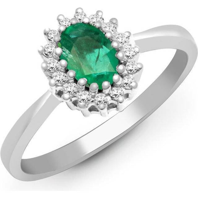 (T) Jewelco London 9ct White Gold H I2 0.12ct Diamond and Oval Green 0.52ct Emerald Classic Royal Cluster Ring 9mm - Silver
