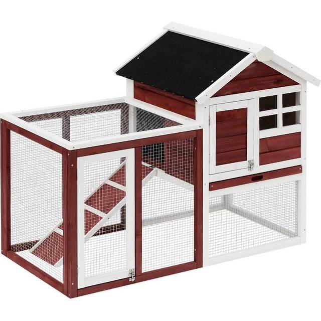 PawHut 122cm Wooden Rabbit Hutch w/ Tray, Ladder and Run, Brown