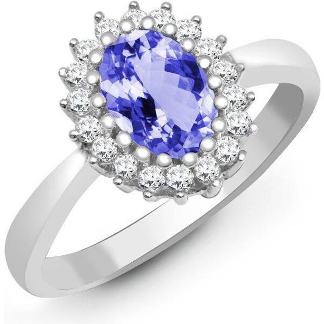 (S) Jewelco London 9ct White Gold H I2 0.23ct Diamond and Oval Lilac 0.73ct Tanzanite Classic Royal Cluster Ring 11mm - Silver