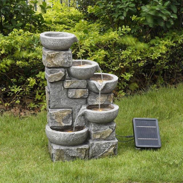 Outdoor Garden Water Fountain Feature Solar Power 4 Tier Bowl with LED Lights - Grey