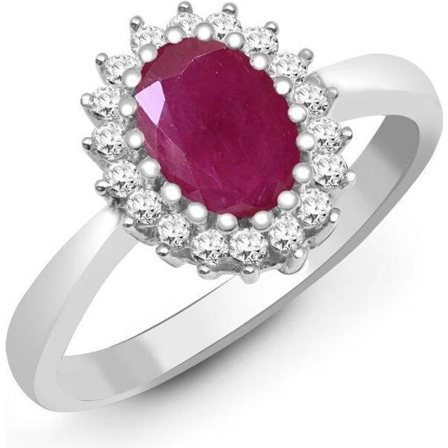 (J) Jewelco London 9ct White Gold Cluster Set H I2 0.23ct Diamond and Oval Red 1.1ct Ruby Classic Royal Cluster Ring 11mm - Silver