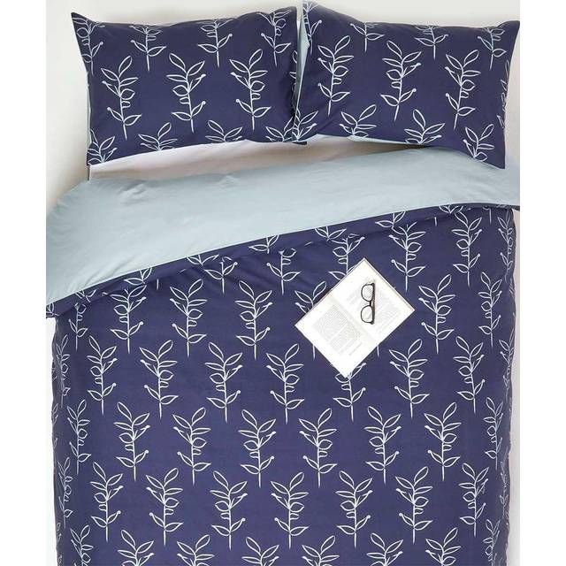 Homescapes Super King Blue Duvet Cover Set 200 TC Cotton Leaf Bedding