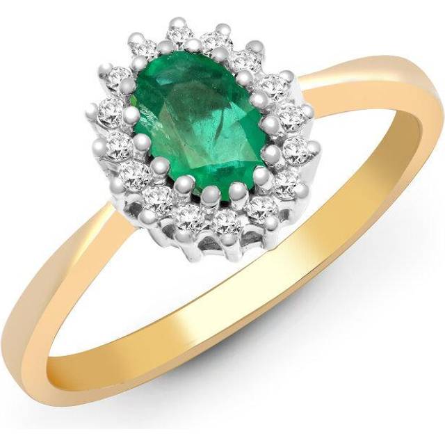 (R) Jewelco London 9ct Yellow Gold H I2 0.12ct Diamond and Oval Green 0.52ct Emerald Classic Royal Cluster Ring 9mm