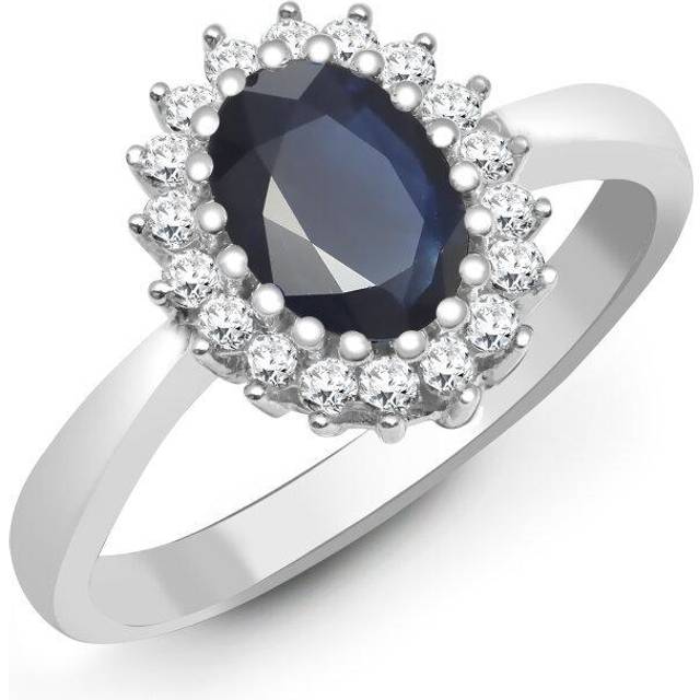 (V) Jewelco London 9ct White Gold H I2 0.23ct Diamond and Oval Blue 1.1ct Sapphire Classic Royal Cluster Ring 11mm - Silver