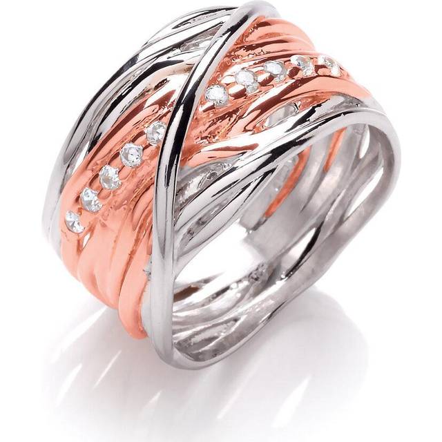 (P) Jewelco London Ladies Rose Gold-Plated Sterling Silver Cubic Zirconia Tree Roots Crossover Eternity Ring