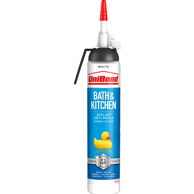 UniBond Bath & Kitchen Sealant, Mould Resistant White Silicone Sealant Ideal for Showers, Toilets, Tiles, Worktops & More, Durable & Waterproof, Easy