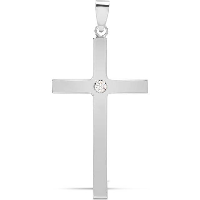 Jewelco London Men's Solid 9ct White Gold Rub Over Set Round I SI2 0.1ct Diamond Solitaire Cross Pendant - 9X086
