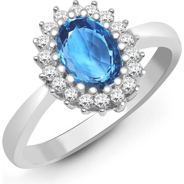 (P) Jewelco London 9ct White Gold Cluster Set H I2 0.23ct Diamond and Oval Blue 0.9ct Topaz Classic Royal Cluster Ring 11mm - Silver