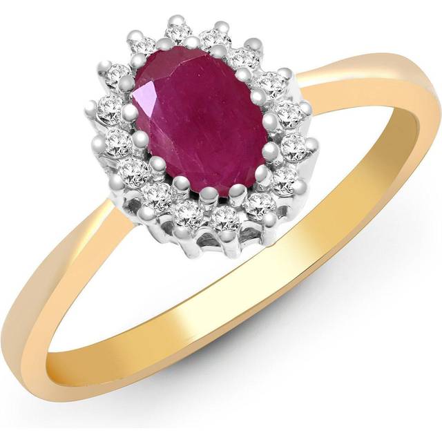 (R) Jewelco London 9ct Yellow Gold Cluster Set H I2 0.12ct Diamond and Oval Red 0.6ct Ruby Classic Royal Cluster Ring 9mm