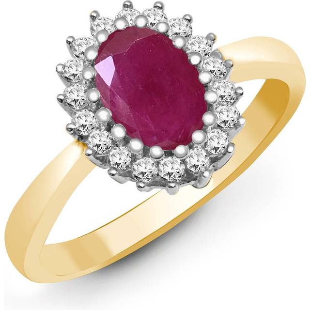 (M) Jewelco London 9ct Yellow Gold Cluster Set H I2 0.23ct Diamond and Oval Red 1.1ct Ruby Classic Royal Cluster Ring 11mm
