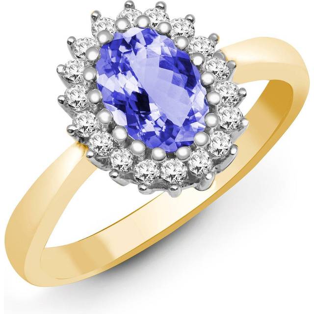 (K) Jewelco London 9ct Yellow Gold H I2 0.23ct Diamond and Oval Lilac 0.73ct Tanzanite Classic Royal Cluster Ring 11mm