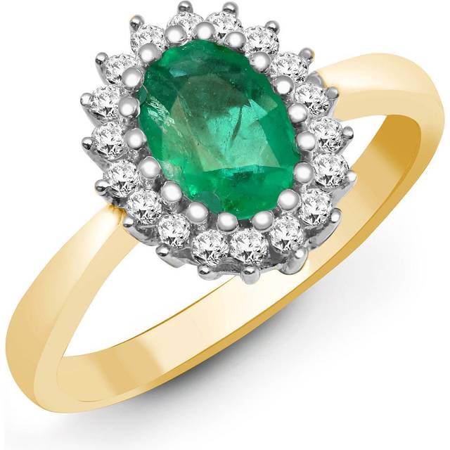 (K) Jewelco London 9ct Yellow Gold H I2 0.23ct Diamond and Oval Green 0.78ct Emerald Classic Royal Cluster Ring 11mm