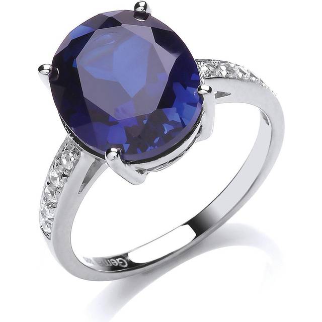 (P) Jewelco London Ladies Rhodium Sterling Silver Blue oval Cubic zirconia Shoulder-Set 4 Claw Solitaire Engagement Ring