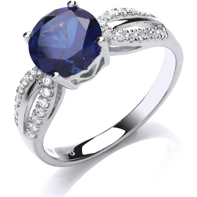 (Q) Jewelco London Ladies Rhodium Plated Sterling Silver Blue Cubic Zirconia Shoulder Set Solitaire Engagement Ring