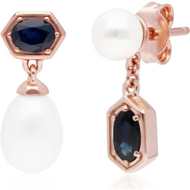 Modern Pearl & Sapphire Mismatched Drop Earrings in Rose Gold Plated Sterling Silver