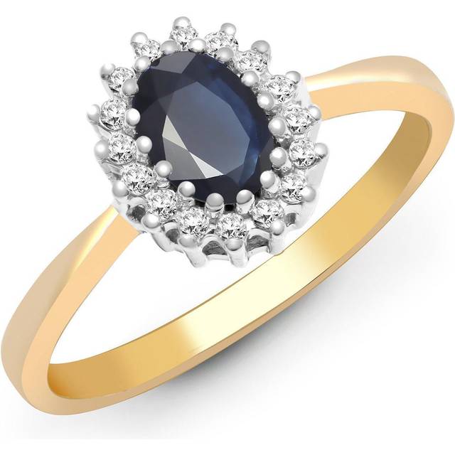 (S) Jewelco London 9ct Yellow Gold H I2 0.12ct Diamond and Oval Blue 0.56ct Sapphire Classic Royal Cluster Ring 9mm