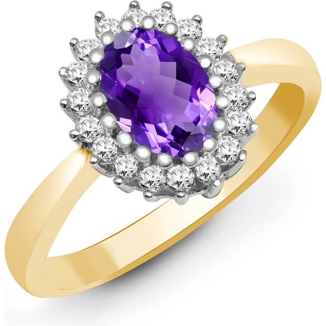 (T) Jewelco London 9ct Yellow Gold H I2 0.23ct Diamond and Oval Purple 0.7ct Amethyst Classic Royal Cluster Ring 11mm